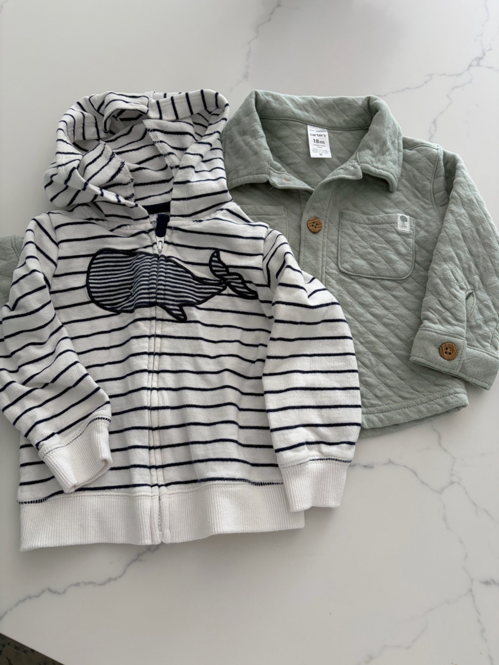 Carters 18 mo. Bundle. Quilted Safe green shirt (new) and whale hoodie like new